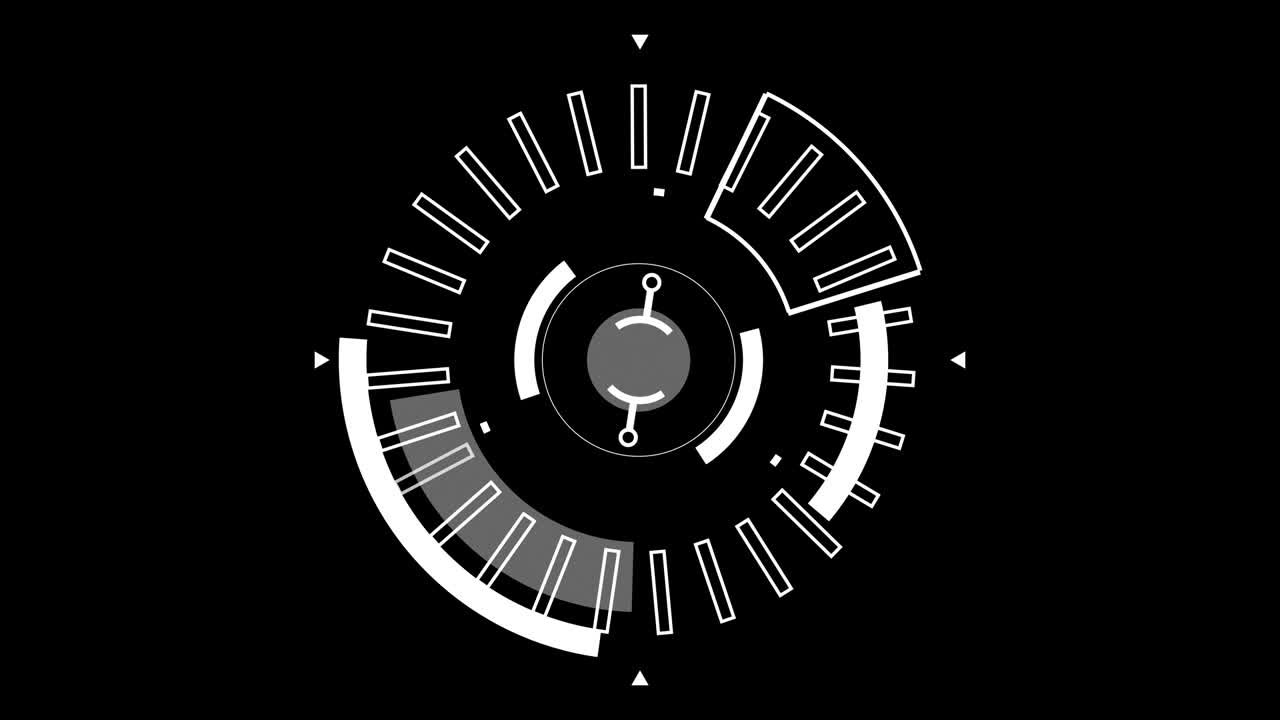 Circle HUD technological futuristic elements. Elements of the sci-fi circle appear and disappear in the HUD pattern. Alpha channel. Isolated background. Black background.