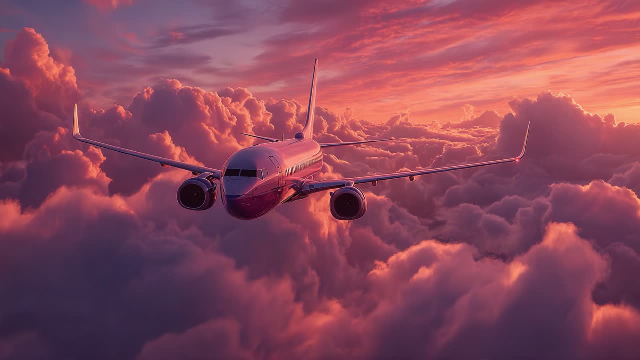 A Majestic Airplane Gliding Through Colorful Clouds During a Stunning Sunset, Capturing the Essence of Aviation and Nature’s Beauty Above the World
