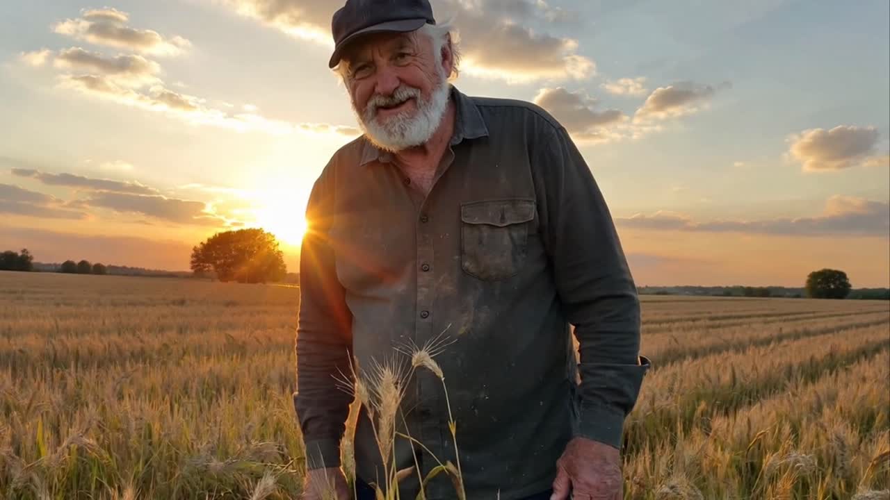 Agricoltore esperto che ispeziona i raccolti in un campo dorato al tramonto.