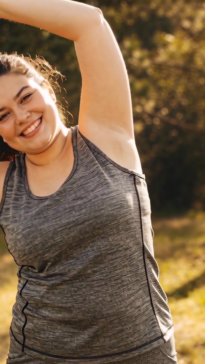 Video verticale: Donna che si allunga, illuminata dal sole, alzando le braccia al parco, indossando una canotta grigia.