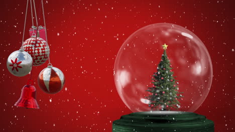 Animación-De-Adornos-Navideños,-Globos-De-Nieve-Y-Nieve-Cayendo-Sobre-Fondo-Rojo