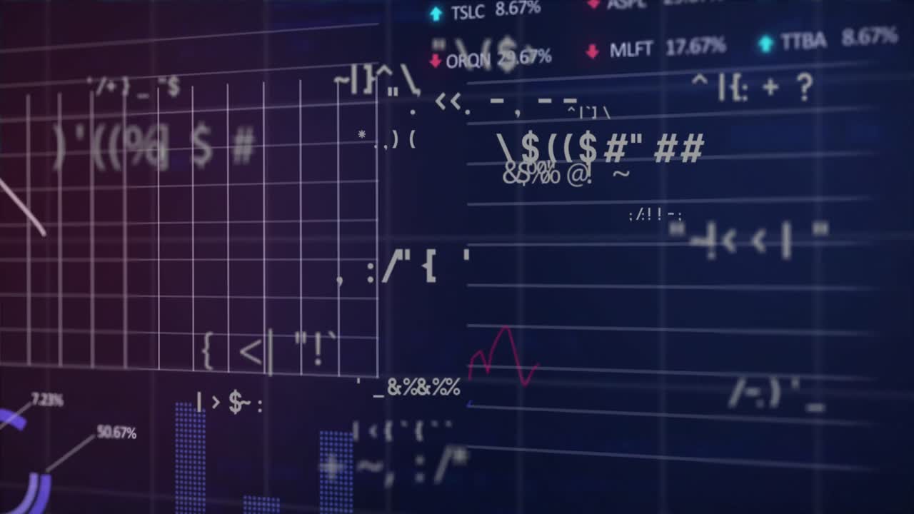 animación de símbolos cambiantes, procesamiento de datos estadísticos y bursátiles contra un fondo azul