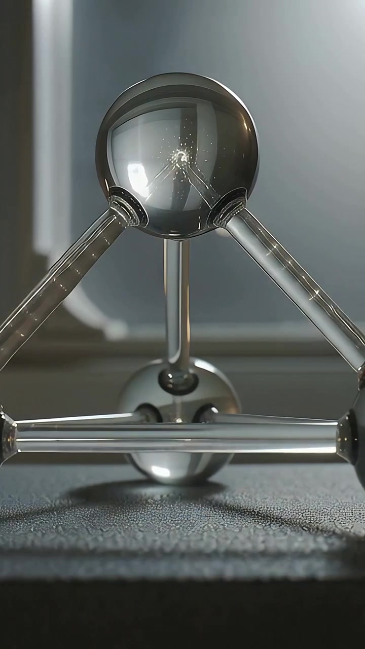 Vertical video: Orbiting camera capturing molecular lamp on tabletop, revealing spiral LED sparkles