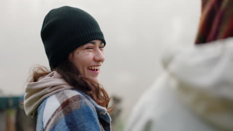 Girl,-laughing-and-camp-with-conversation