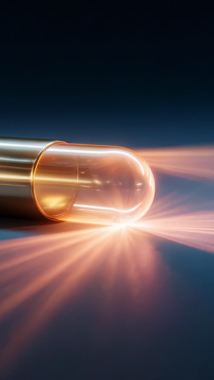 Capsula illuminata che emette raggi di luce in uno sfondo scuro, riflettendo una miscela di bagliore e trasparenza con un'estetica moderna e un tocco futuristico