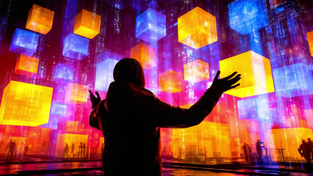 A mesmerizing digital art installation featuring glowing cubes in vibrant colors set against a backdrop of shimmering lights, captivating spectators with an immersive visual experience