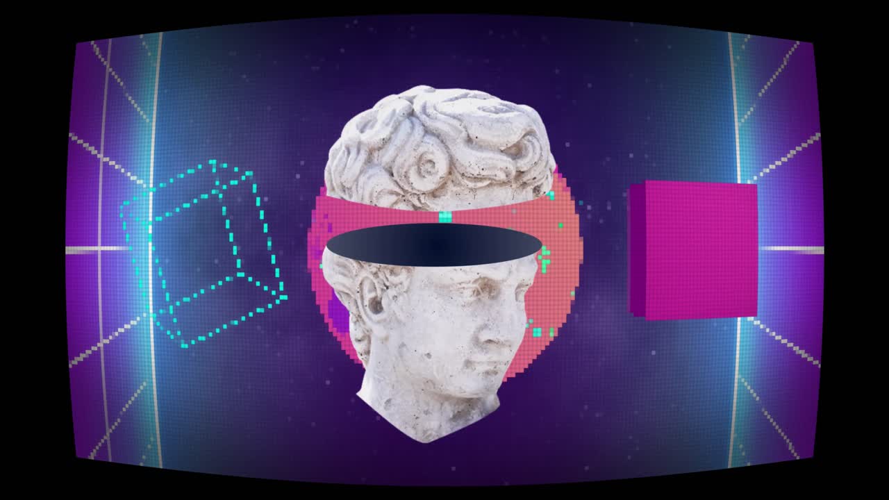 반이는 모양 위에 고대 조각의 머리의 애니메이션