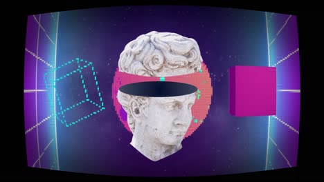 animación de cabezas de esculturas antiguas sobre formas brillantes