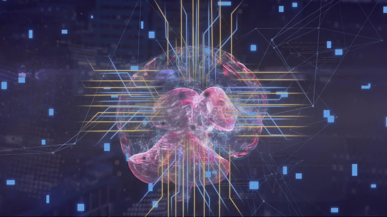 Animation of digital data processing, brain and circuit board over computer servers