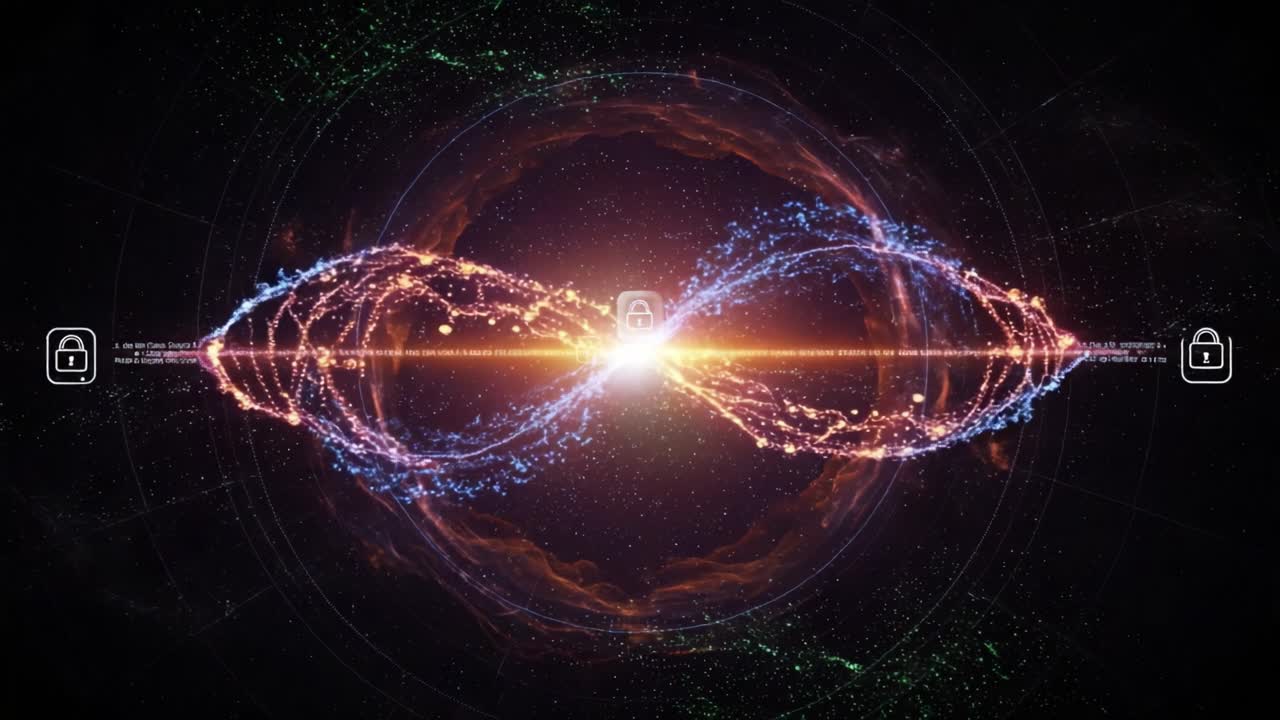 An Ethereal Visualization of Cosmic Energy Flow: Dynamic Waves of Light Emit from a Central Source, Representing Cosmic Balance and Security in Digital Space