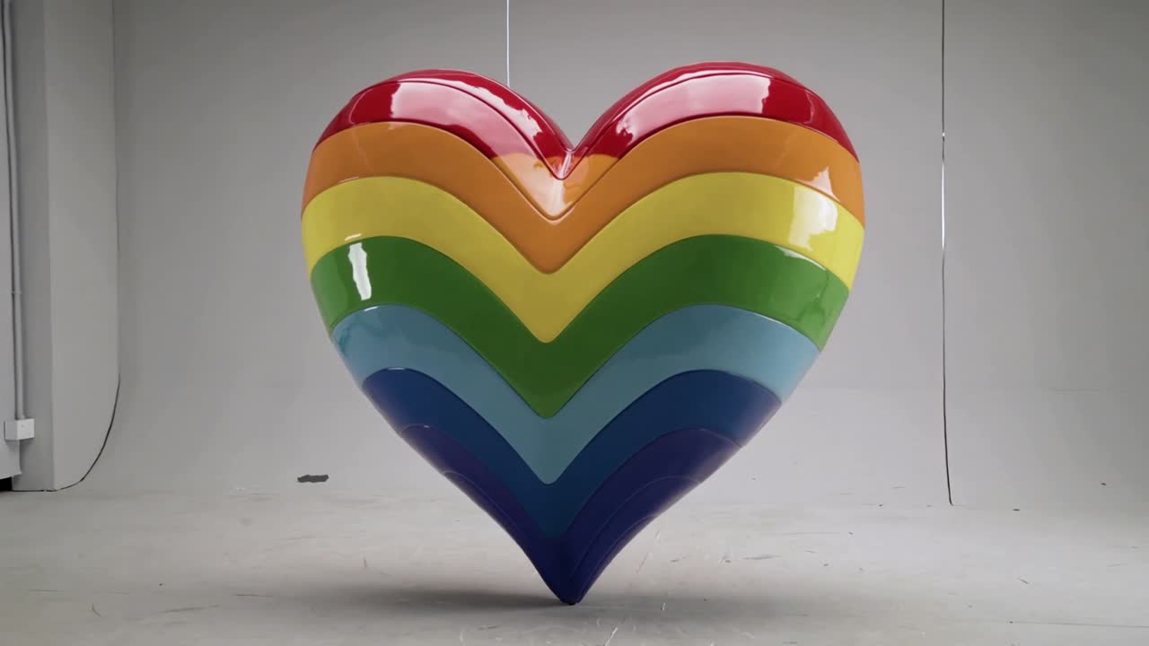 Cuore arcobaleno lucido che ruota e fluttua verso destra in studio, con cavi che ondeggiano e mostrano bagliori e fili