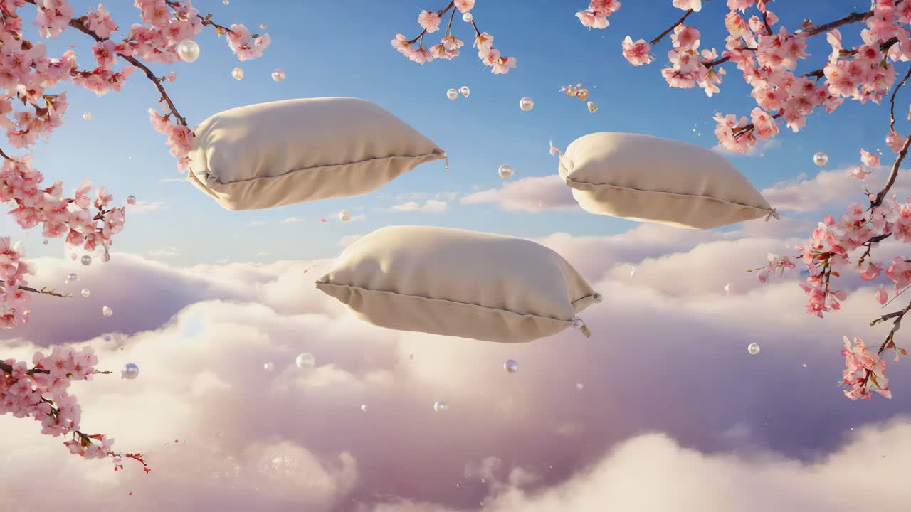 Pillows floating in the sky with cherry blossoms