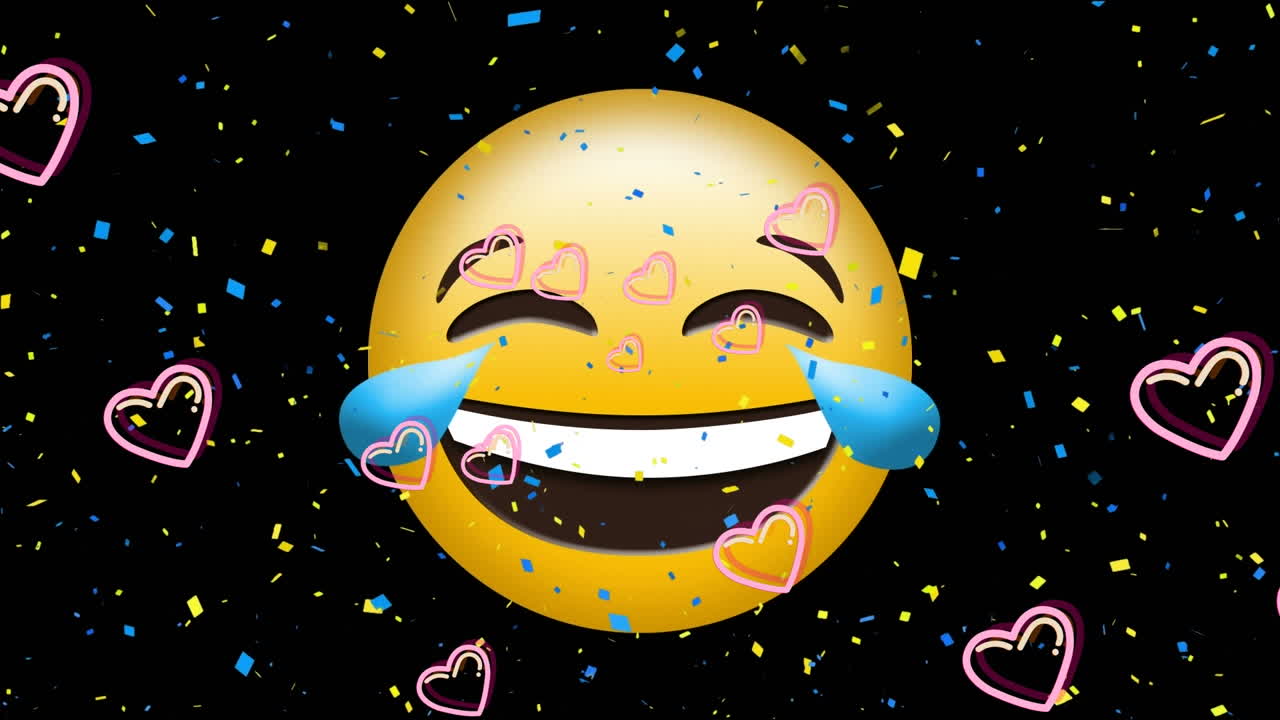 검은색 배경에 에모지 아이콘 위에 심장 아이콘과 콘페티의 애니메이션
