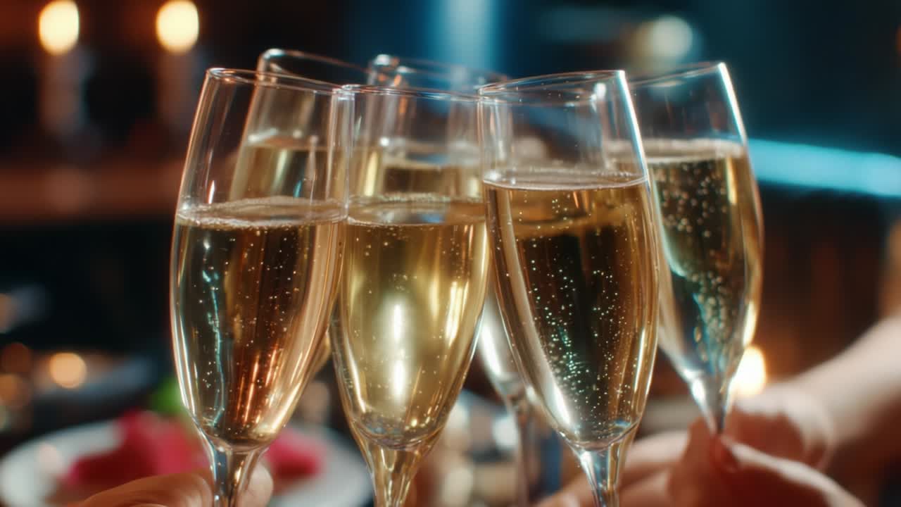 Celebratory Toast: A Group of Friends Raise Sparkling Wine Glasses in a Festive Atmosphere Surrounded by Soft Candlelight, Signifying Joy, Togetherness, and Memorable Moments Shared Over Delicious Food