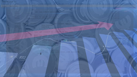 animation of financial data processing with red arrow ascending over euro currency coins