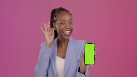 black woman, phone and green screen