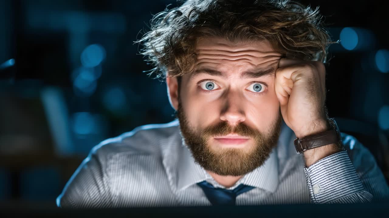 A Young Man Grapples with Stress and Fatigue After Long Hours at Work, Capturing the Strain and Weariness on His Face in a Dimly Lit Office Environment