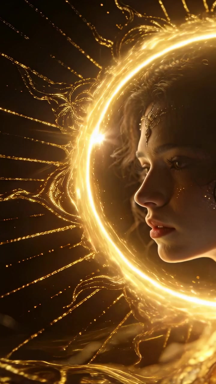 Video vertical: Halo brillante girando, revelando a una mujer a la derecha, iluminando joyas, espacio para texto.