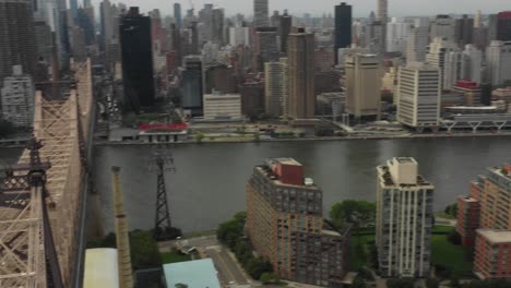 quick spinning panning drone aerial shot looking down towards the queensboro bridge at the east river between manhattan, nyc and queens in the daytime