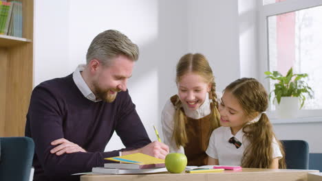 teacher sitting at desk resolving doubts to two female students in english classroom and then they give high five