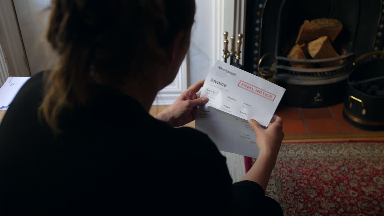 una mujer irreconocible abriendo una carta de deuda