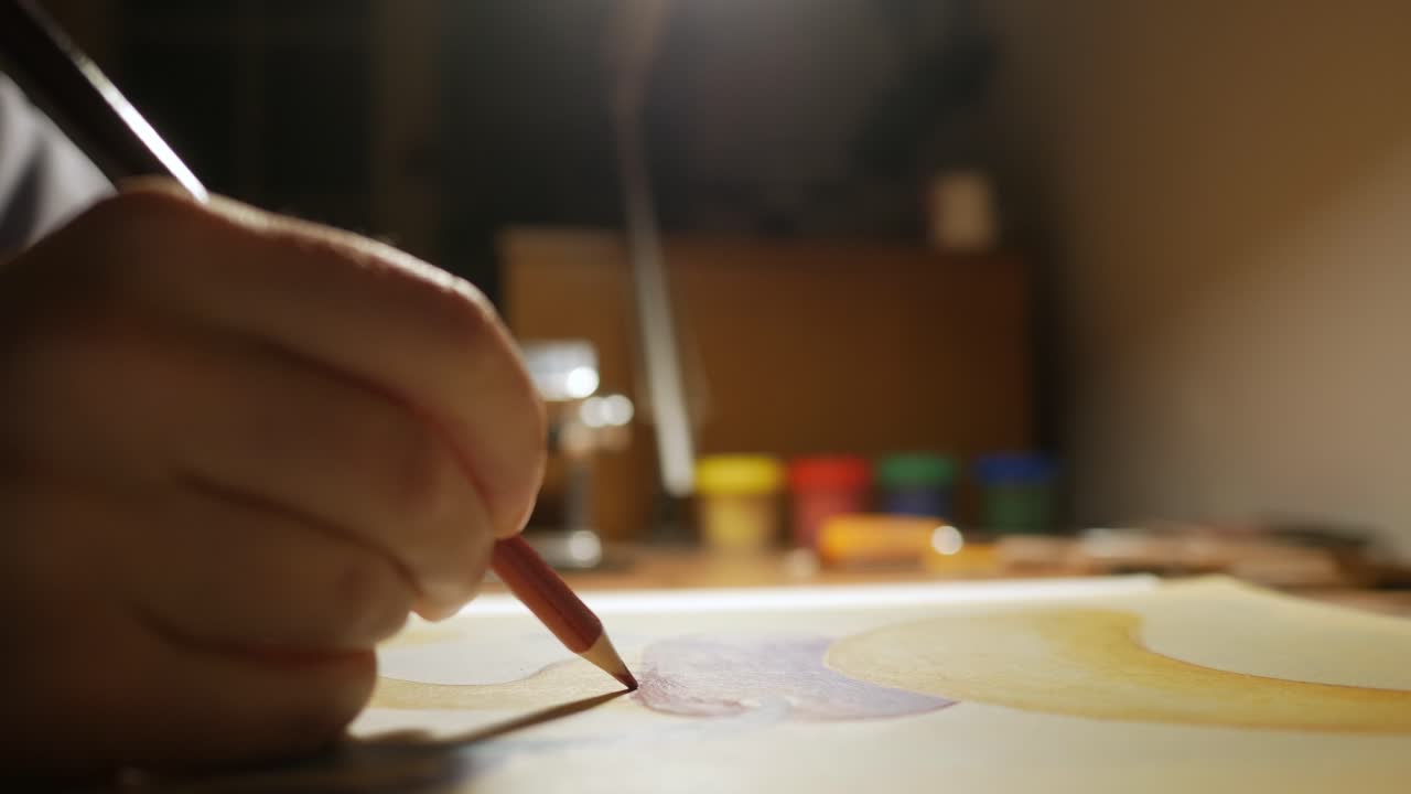 손으로 색의 연필을 들고 인공 빛으로 종이에 그림을 그리며 가까이 다가갑니다.