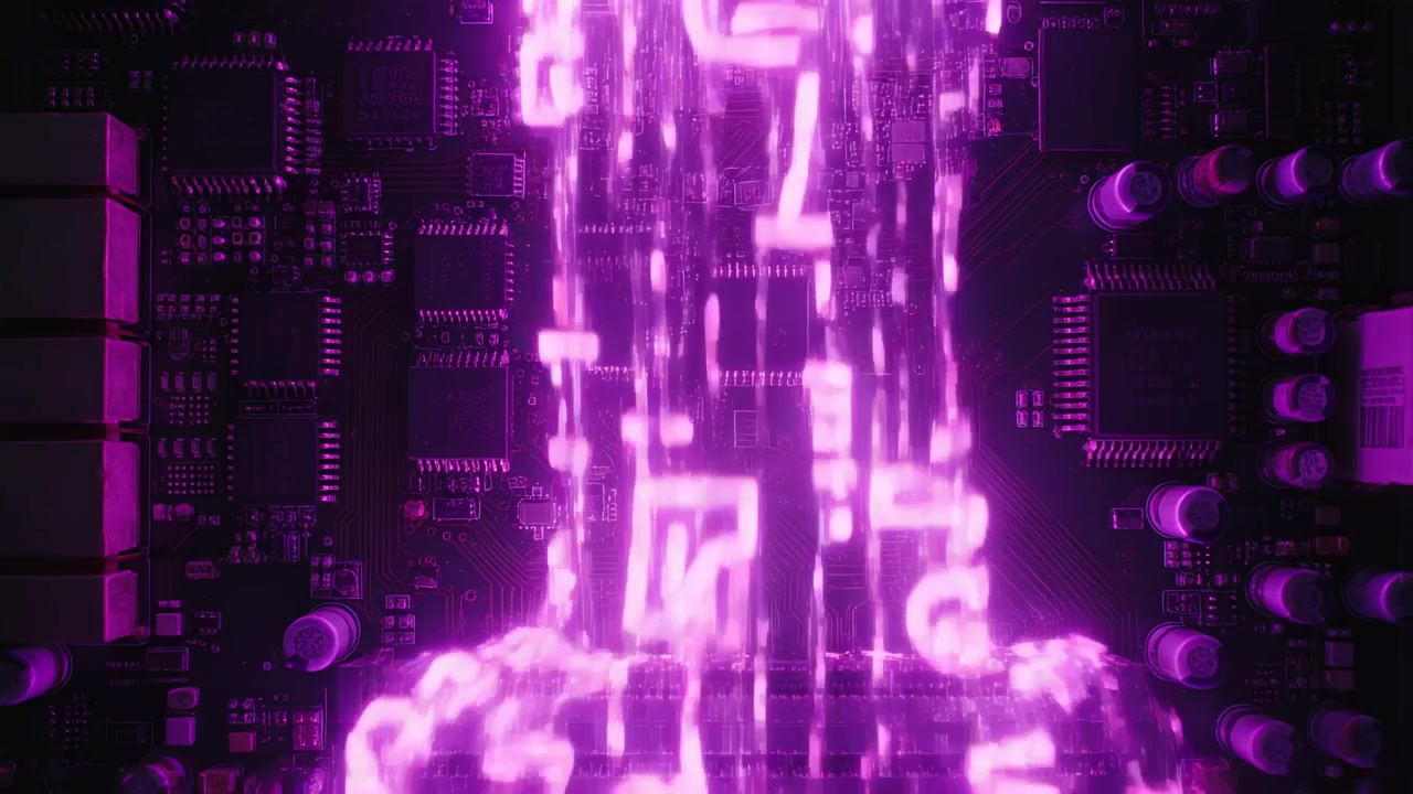 Appearing top center, streaming purple glyphs descending to PCB slot, forming glowing pool