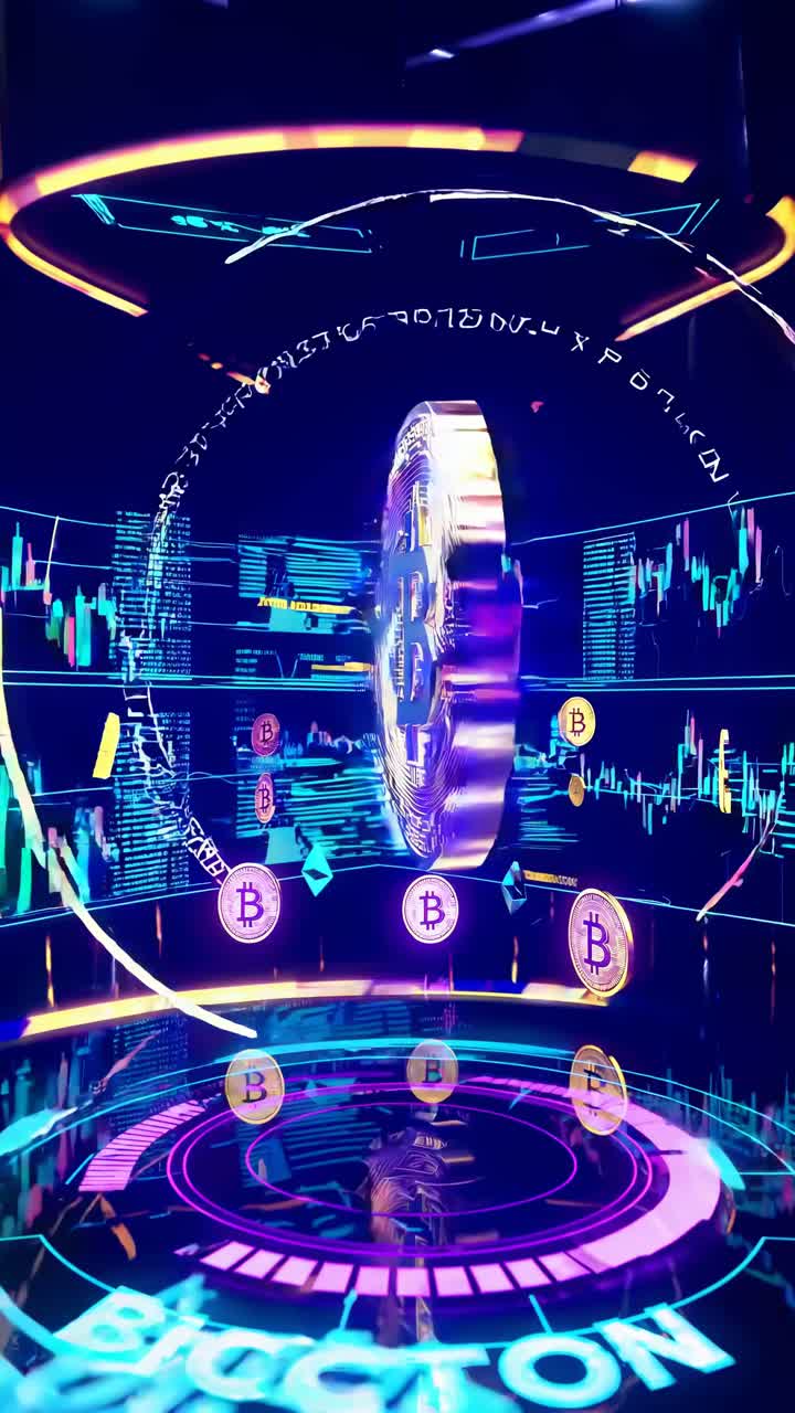 Futuristic video concept of a glowing Bitcoin symbol surrounded by digital graphics, viewed