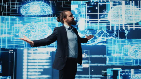 company leader interacting with a digital ai brain symbolizing web platforms