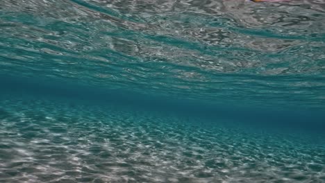 authentic underwater scene of crystalline turquoise tropical sea water with rippled surface and reflections on seabed with blue background