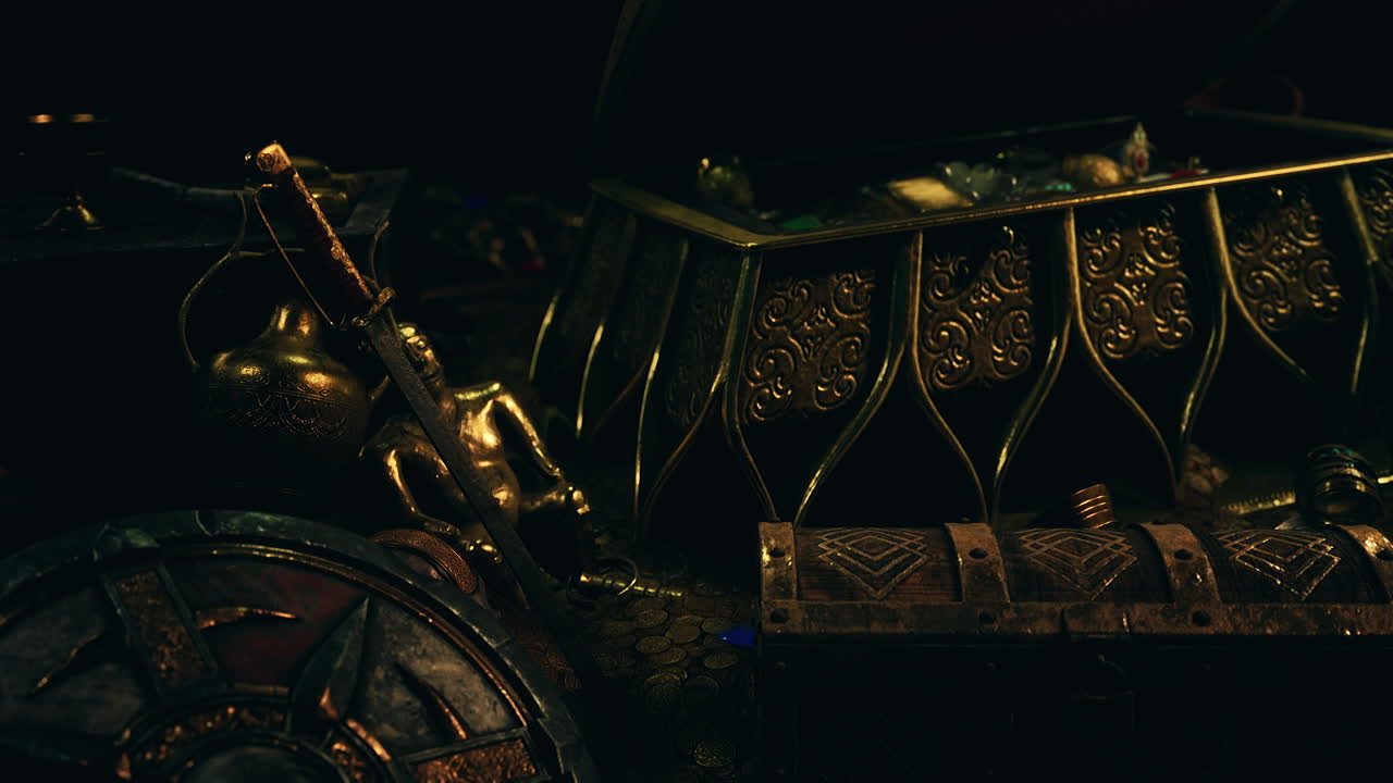 Jewels and gold coins in the dark