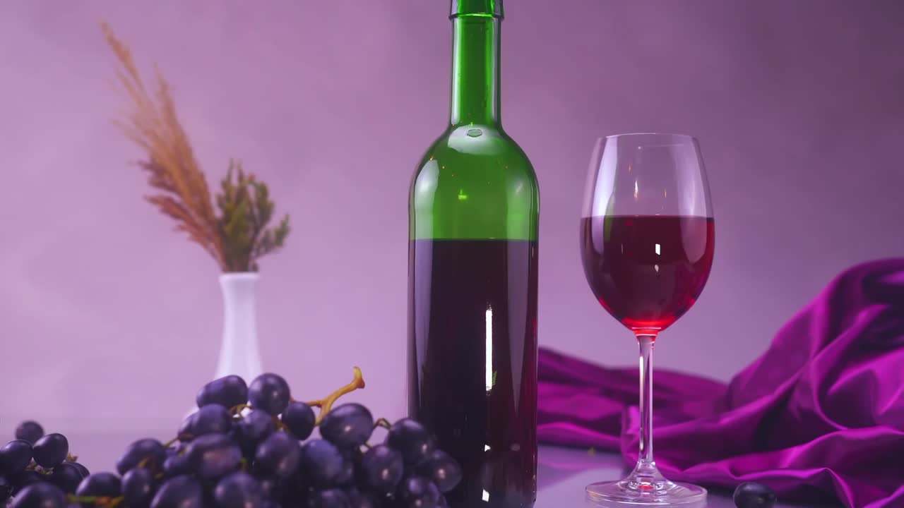 una botella y una copa de vino en estrecha proximidad, acompañados de uvas en pie, evocan una atmósfera festiva y de celebración dentro de un arreglo artístico