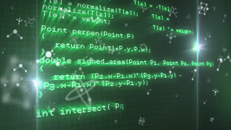 programming code and mathematical formulas animation over green digital background