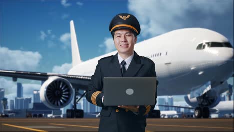 piloto de hombre asiático usando una computadora portátil y sonriendo a la cámara mientras está de pie en el aeródromo con el avión en el fondo
