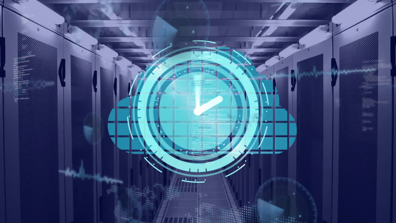 Digital clock animation over server room, representing cloud computing and data storage