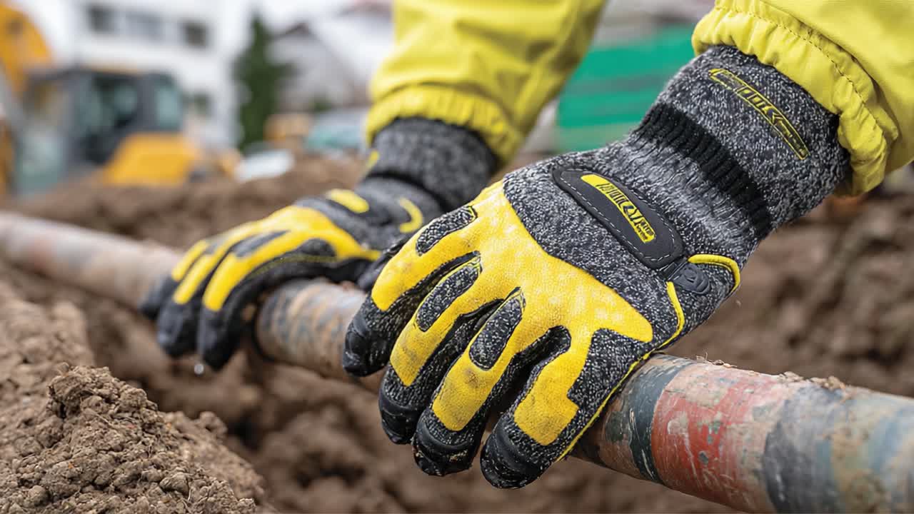 Et nærbillede af beskyttende arbejdshandsker på en robust overflade, ideelle til byggeri og krævende opgaver, der demonstrerer holdbarhed og komfort i brug