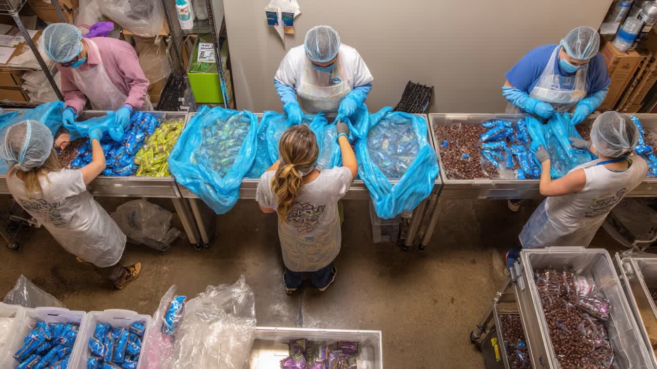 A Busy Chocolate Sorting Workshop: Volunteers Collaborate in a Productive Environment to Organize and Pack Delicious Treats for Distribution and Enjoyment