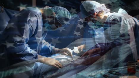 Animation-of-flag-of-usa-waving-over-surgeons-in-operating-theatre