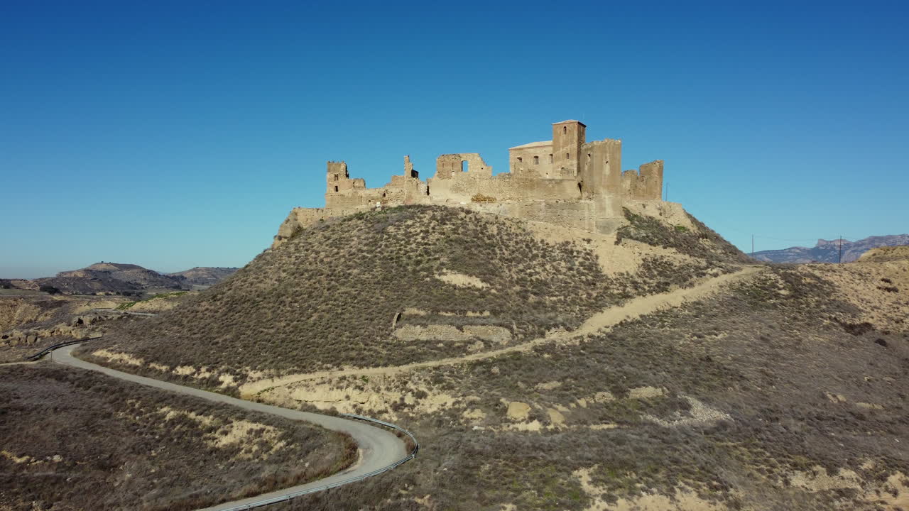 Aerial View of a Ruined Hilltop Castle in Spain