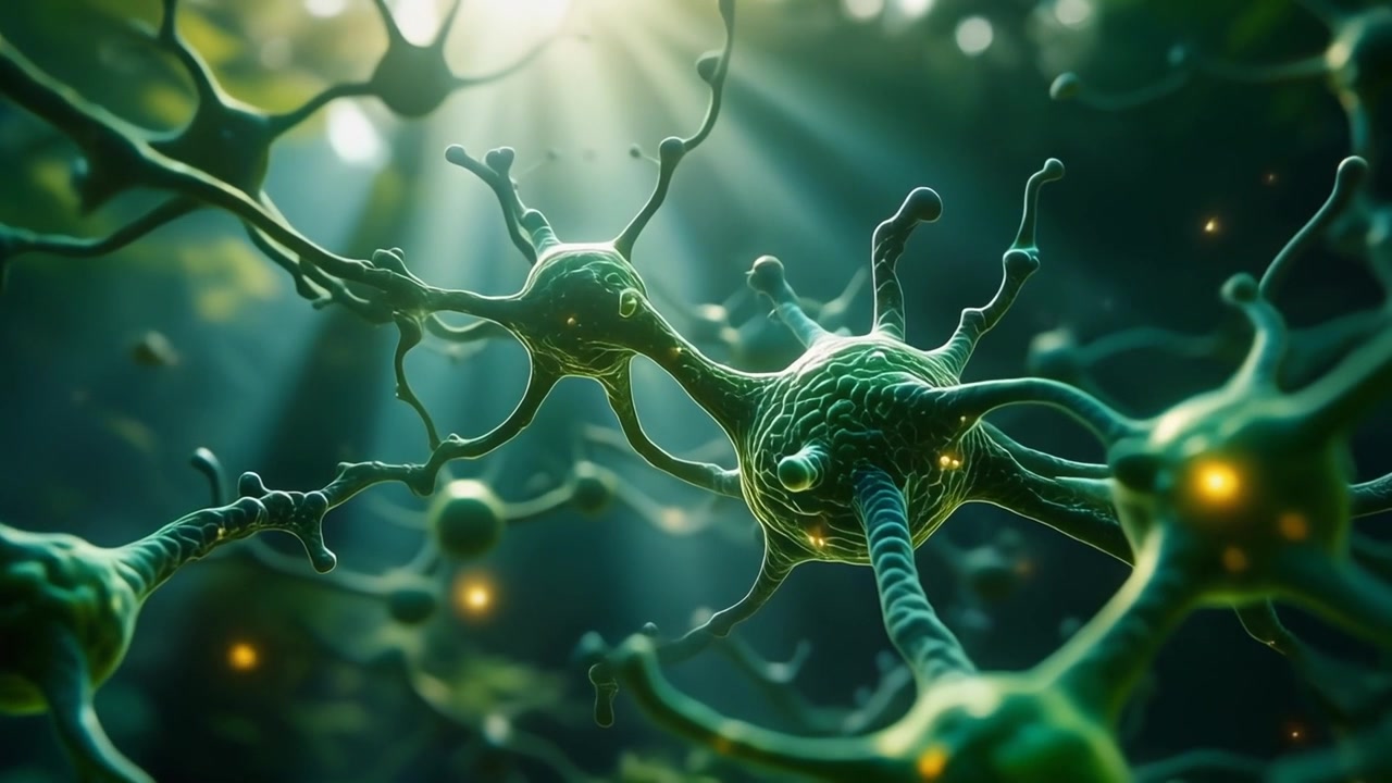 Vista microscopica di neuroni e connessioni sinaptiche nel cervello