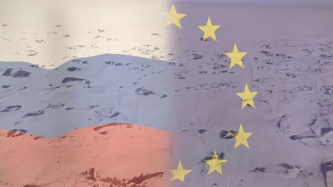 russian and european union flags animation over footprints in sand