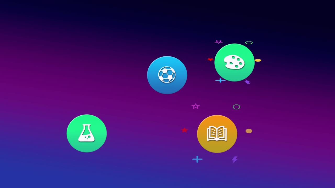 Animation of colorful icons on purple background