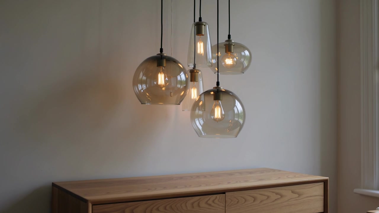 Quattro lampade a sospensione luminose si accendono e brillano sopra una cassettiera di legno vicino a una finestra, con lampadine Edison.