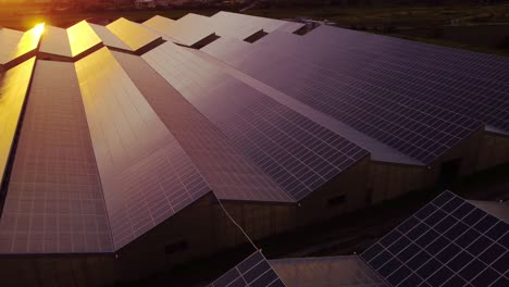 futuristic aerial of renawable solar photovoltaic power station at sunset