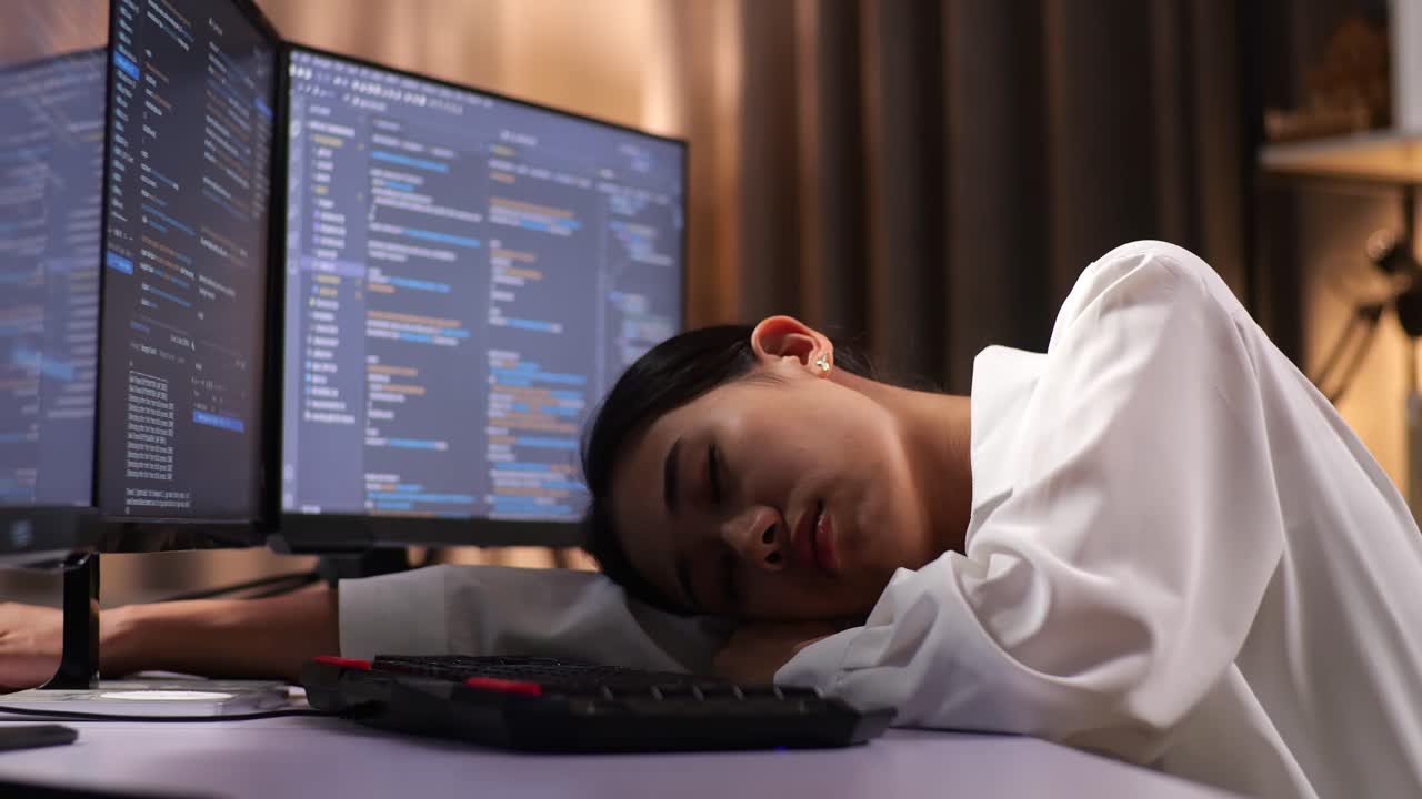 Close Up Of Asian Woman Programmer Sleeping While Creating Innovative Software Engineer Developing App, Program, Video Game On Desktop Computer At Home. Terminal With Coding Language