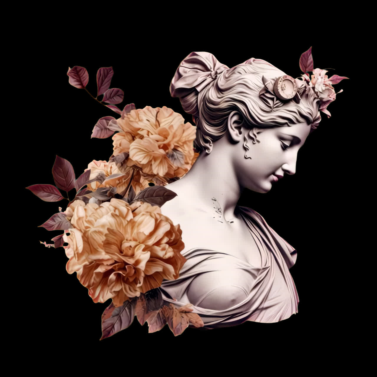 Elegant floral classical sculpture design animation isolated asset, transparent 4K video, alpha