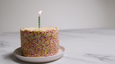 studio shot birthday cake covered with decorations and single candle being blown out