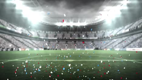 Animation-of-blue-and-red-confetti-falling-over-sports-stadium