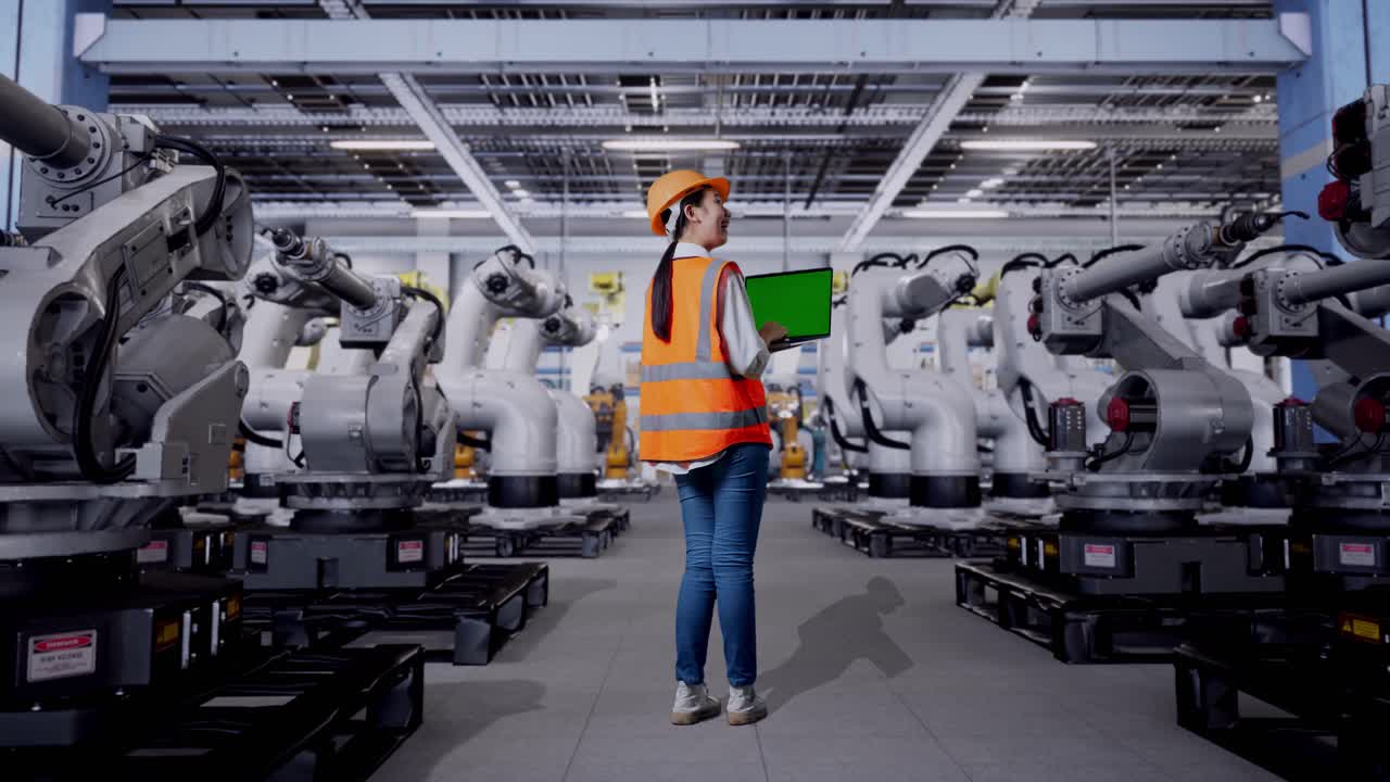 Female Engineer Inspecting Robotic Arms in a Factory
