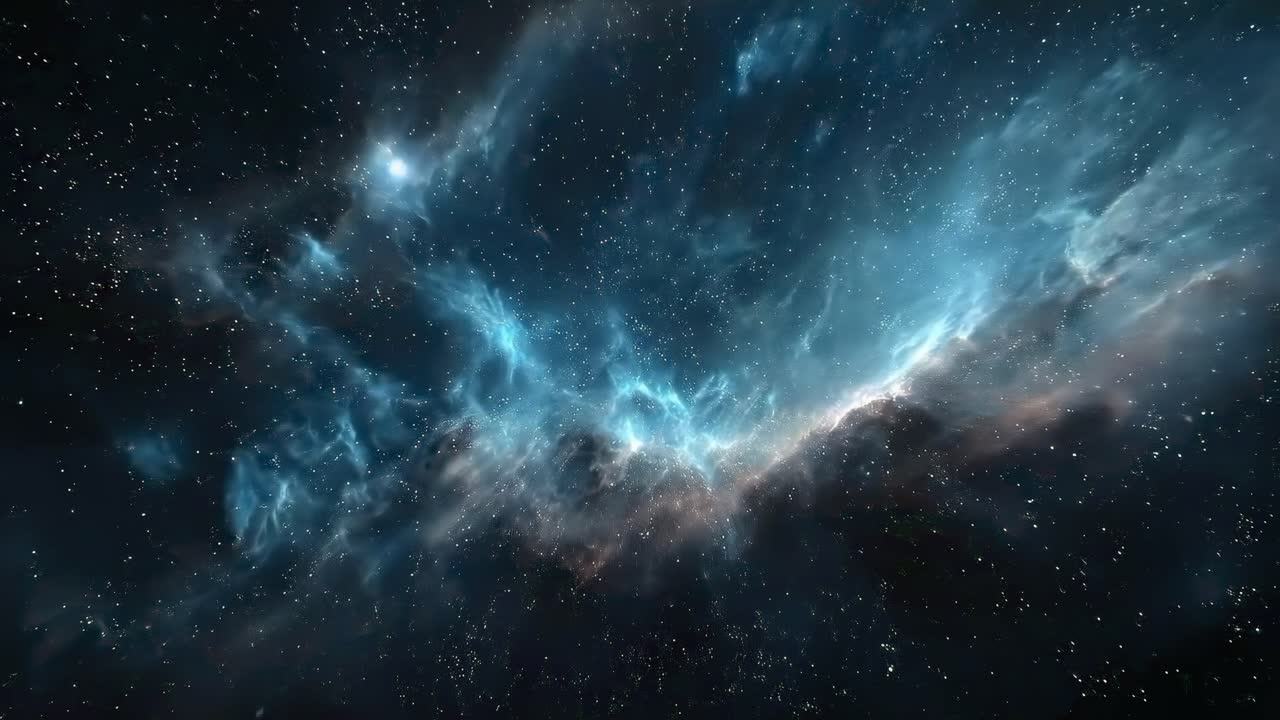 Cosmic nebula video with a wide-angle view, showcasing vibrant blue and white hues